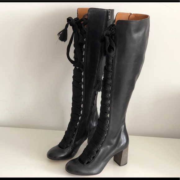 Chloe Shoes - CHLOE HARPER BLACK LEATHER KNEE HIGH BOOTS